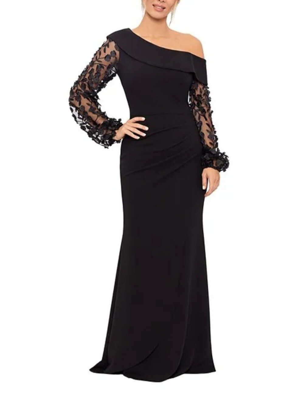 Xscape Scuba Crepe One-Shoulder Long 3D Floral Sleeve Gown, NWT